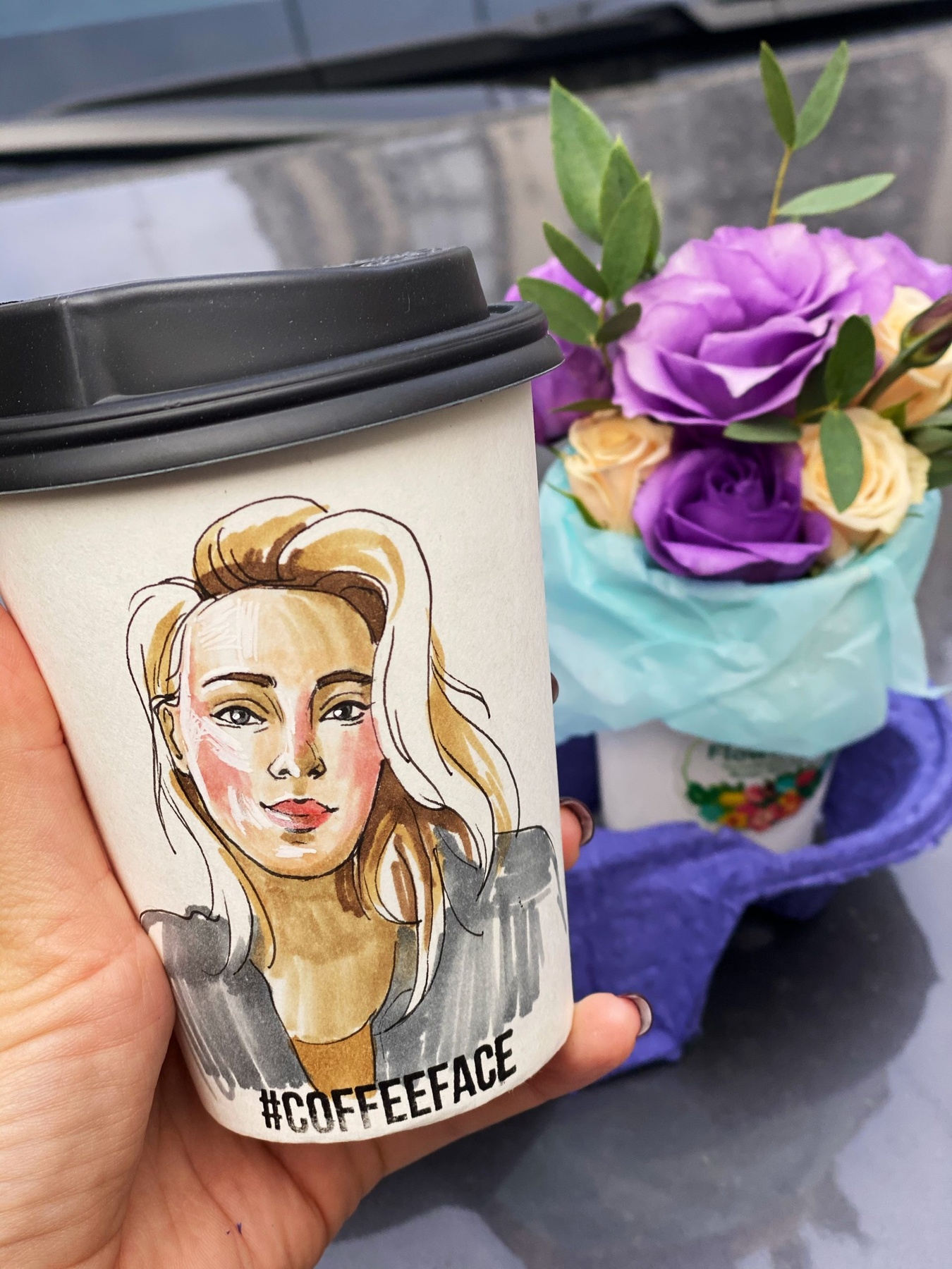 Кофе с портретом, розами и эвкалиптом