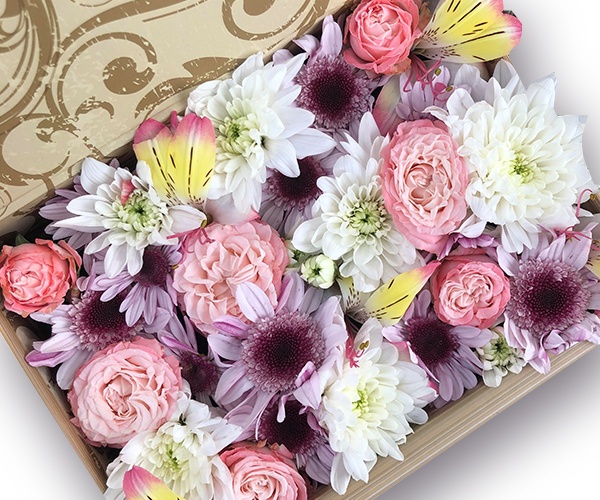 Пионовидная розовая роза, альстромерия и хризантема в прямоугольной коробке